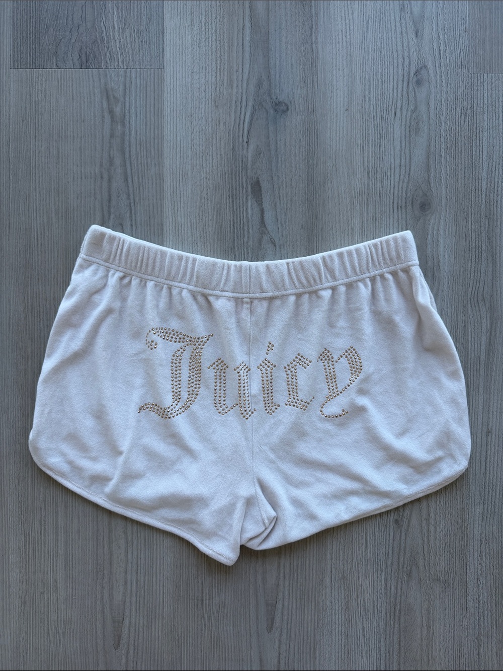 Juicy Couture Cream Shorts with Gold Rhinestone 'Juicy' Logo